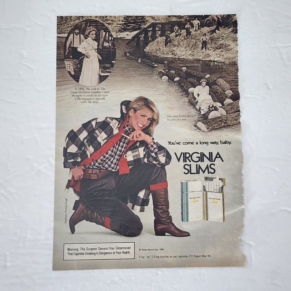 Vintage Print Ad Virginia Slims Lights blonde model plaid boots clipping 1985